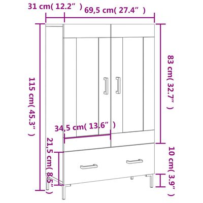 vidaXL Highboard Hochglanz-Weiß 69,5x31x115 cm Holzwerkstoff