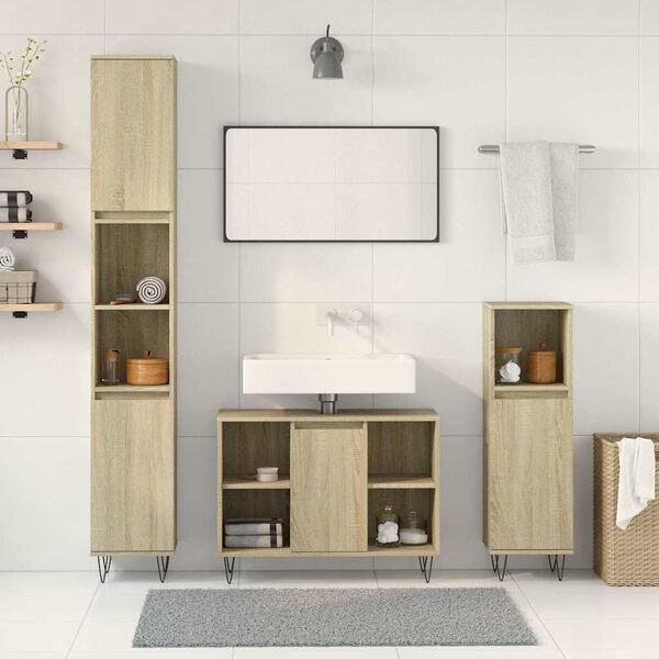 vidaXL 3-tlg. Badm&ouml;bel-Set Sonoma-Eiche Holzwerkstoff