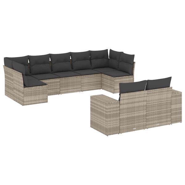 vidaXL 9-tlg. Garten-Sofagarnitur mit Kissen Hellgrau Poly Rattan