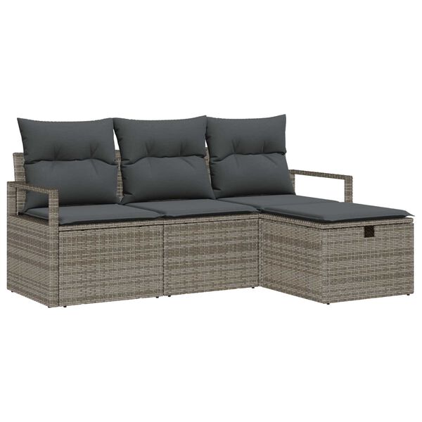 vidaXL Garten-Sofa-Set mit Kissen mit Speicher 4 pcs Grau Poly Rattan