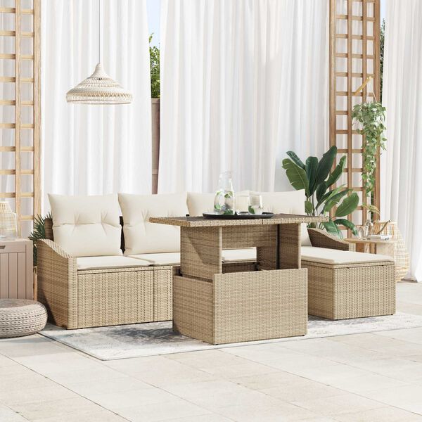 vidaXL Garten-Sofa-Set mit Kissen 6 pcs Beige und Creme Poly-Rattan