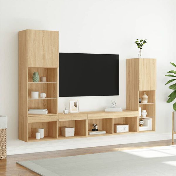 vidaXL 4-tlg. Wohnwand mit LED-Beleuchtung Sonoma-Eiche Holzwerkstoff