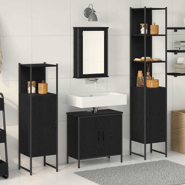 vidaXL Badezimmerm&ouml;bel-Set mit Regal 4 pcs Schwarz Holzwerkstoff