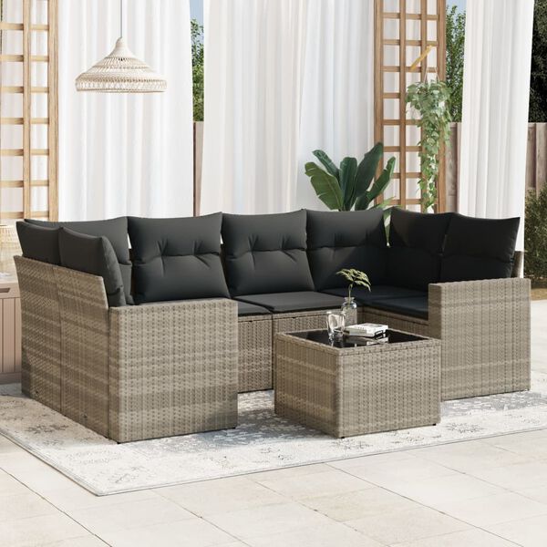 vidaXL 7-tlg. Garten-Sofagarnitur mit Kissen Hellgrau Poly Rattan