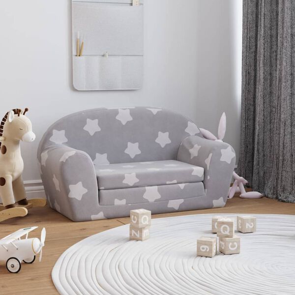 vidaXL 2-Sitzer Schlafsofa f&uuml;r Kinder Hellgrau Sterne Weicher Pl&uuml;sch