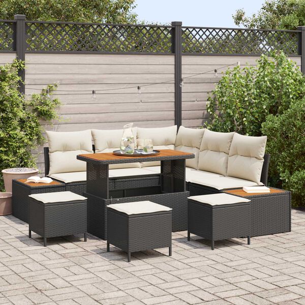 vidaXL Garten-Sofa-Set mit Kissen mit Speicher Schwarz Poly Rattan