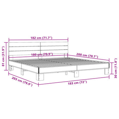 vidaXL Bettgestell Braun Eichen-Optik 180x200 cm Holzwerkstoff Metall