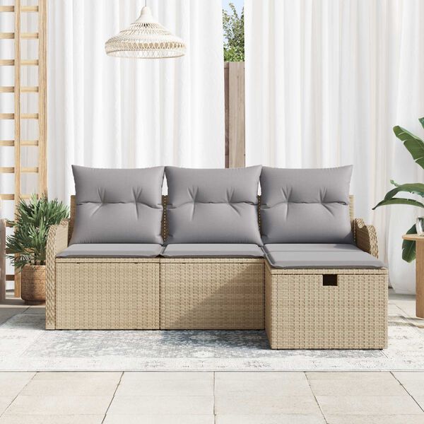 vidaXL Garten-Sofa-Set mit Kissen mit Speicher 4 pcs Beige Poly Rattan