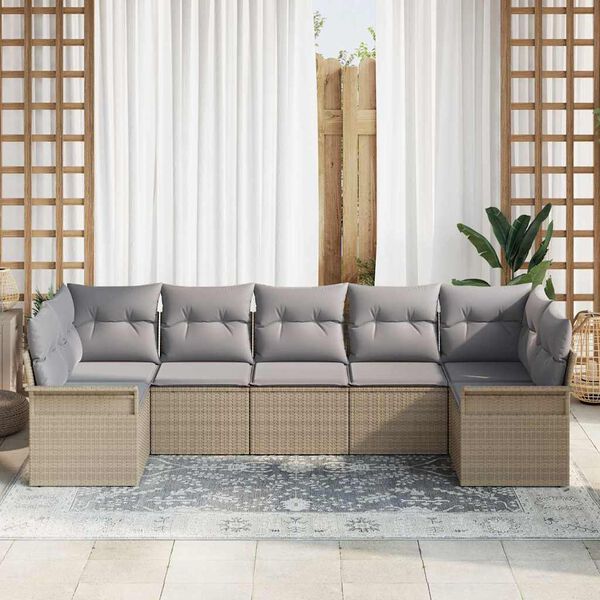 vidaXL Garten-Sofa-Set mit Kissen mit Speicher 7 pcs Beige Poly Rattan