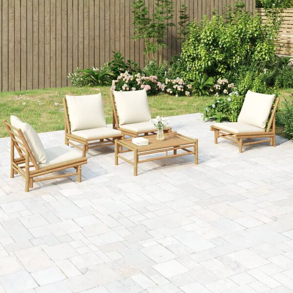 vidaXL 5-tlg. Garten-Lounge-Set mit Cremewei&szlig;en Kissen Bambus