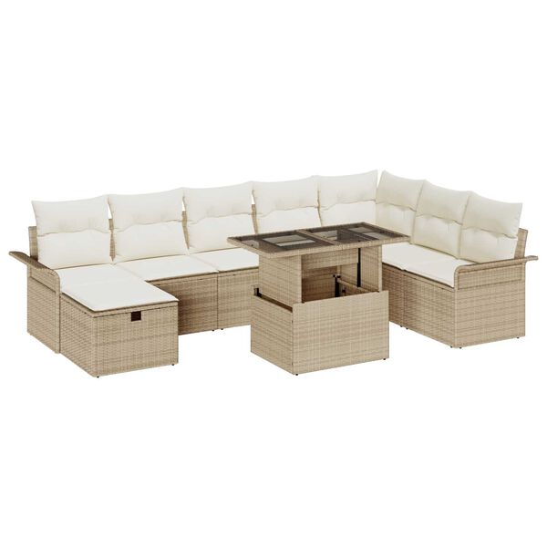 vidaXL Garten-Sofa-Set mit Kissen mit Speicher 9 pcs Beige Poly Rattan