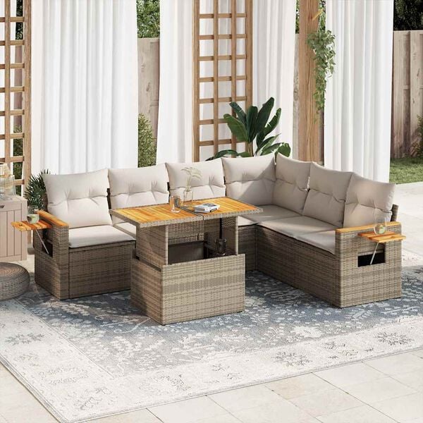 vidaXL 7-tlg. Garten-Sofagarnitur mit Kissen Beige Poly Rattan Akazie