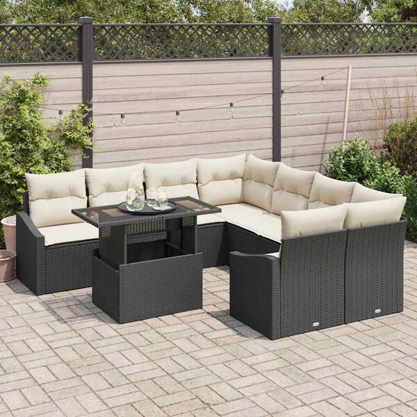 vidaXL Garten-Sofa-Set mit Kissen 9 pcs Schwarz Poly-Rattan