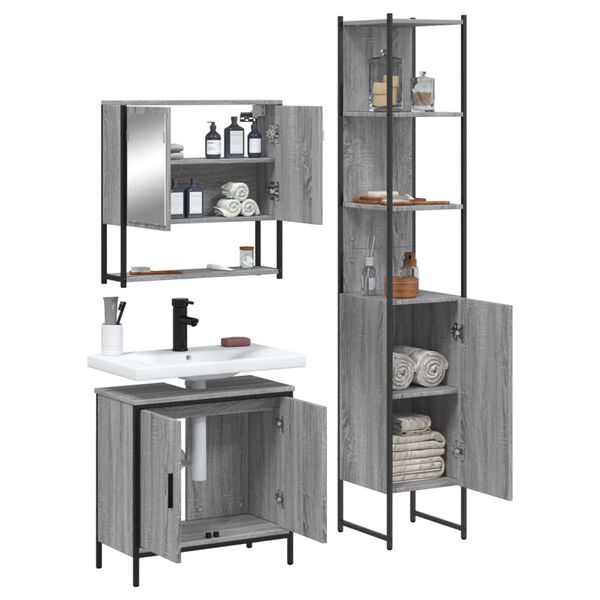 vidaXL 3-tlg. Badm&ouml;bel-Set Grau Sonoma Holzwerkstoff