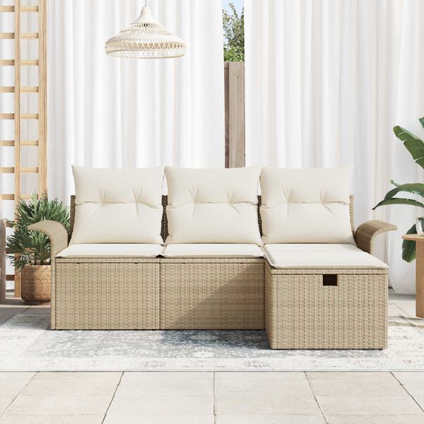 vidaXL Garten-Sofa-Set mit Kissen mit Speicher 4 pcs Beige Poly Rattan