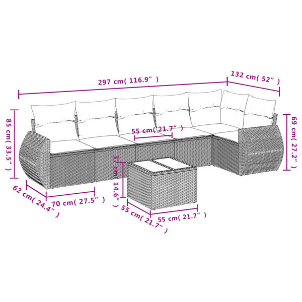 vidaXL 7-tlg. Garten-Sofagarnitur mit Kissen Beige Poly Rattan
