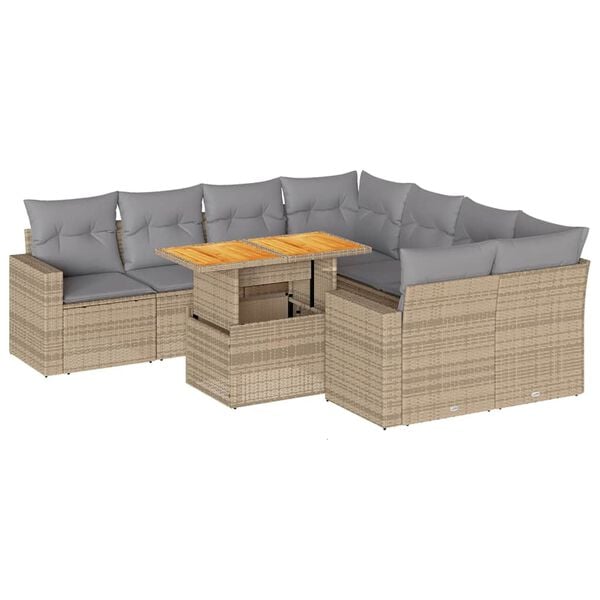 vidaXL 9-tlg. Garten-Sofagarnitur mit Kissen Beige Poly Rattan