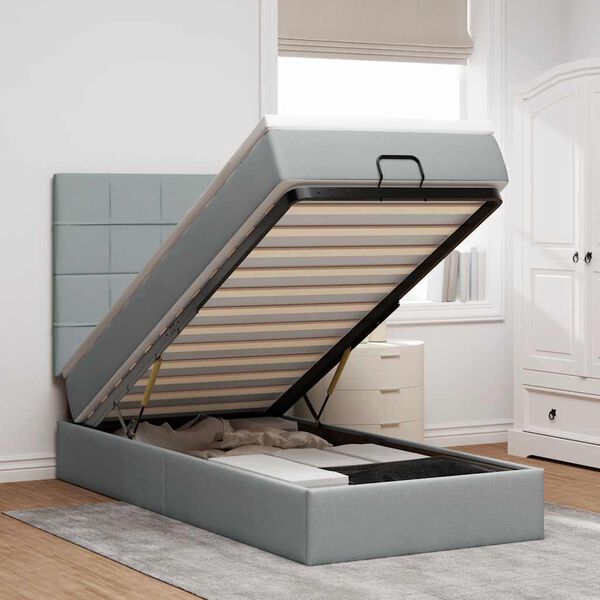 vidaXL Ottoman-Bett mit Matratze & LEDs Hellgrau 90x190 cm Stoff