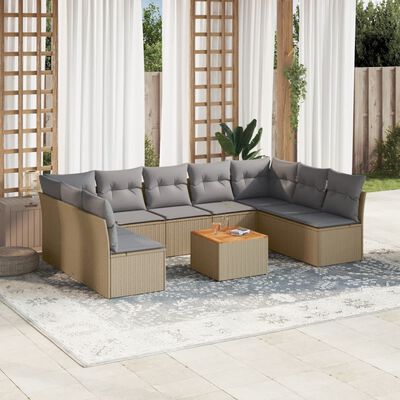 vidaXL 10-tlg. Garten-Sofagarnitur mit Kissen Beige Poly Rattan