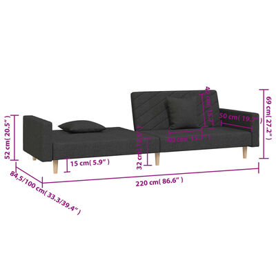 vidaXL Schlafsofa 2-Sitzer mit 2 Kissen Schwarz Stoff