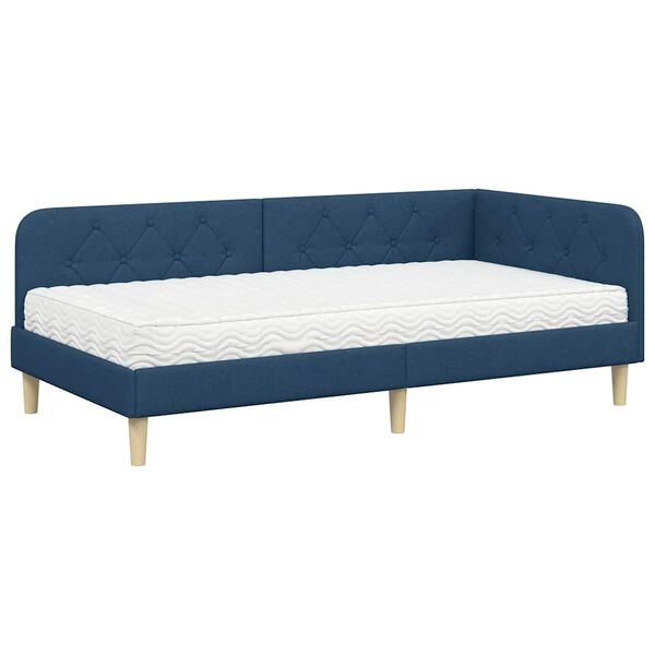 vidaXL Eckbettgestell mit Matratze mit Kopfteil Blau 90 x 190 cm Stoff