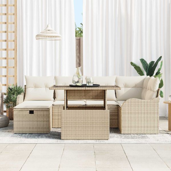 vidaXL Garten-Sofa-Set mit Kissen mit Speicher 7 pcs Beige Poly Rattan