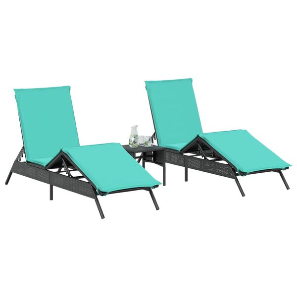vidaXL Sonnenliegen 2 Stk. mit Tisch Schwarz Poly Rattan