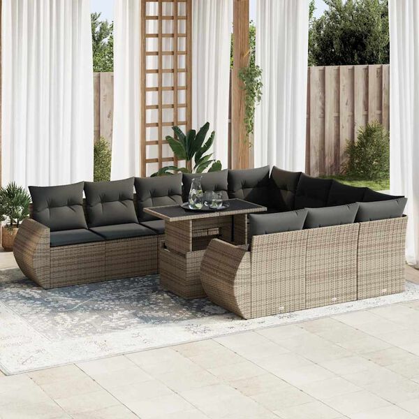 vidaXL 11-tlg. Garten-Sofagarnitur mit Kissen Grau Poly Rattan