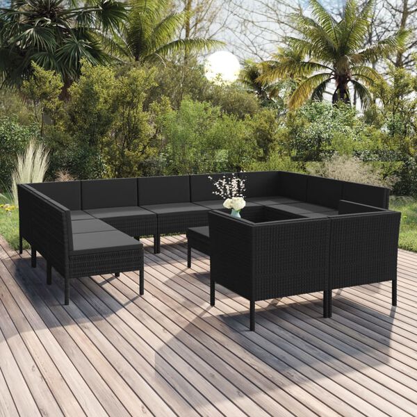 vidaXL 12-tlg. Garten-Lounge-Set mit Auflagen Poly Rattan Schwarz