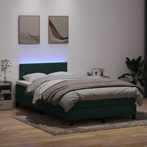 vidaXL Boxspringbett mit Matratze & LED Dunkelgr&uuml;n 120x220 cm Samt
