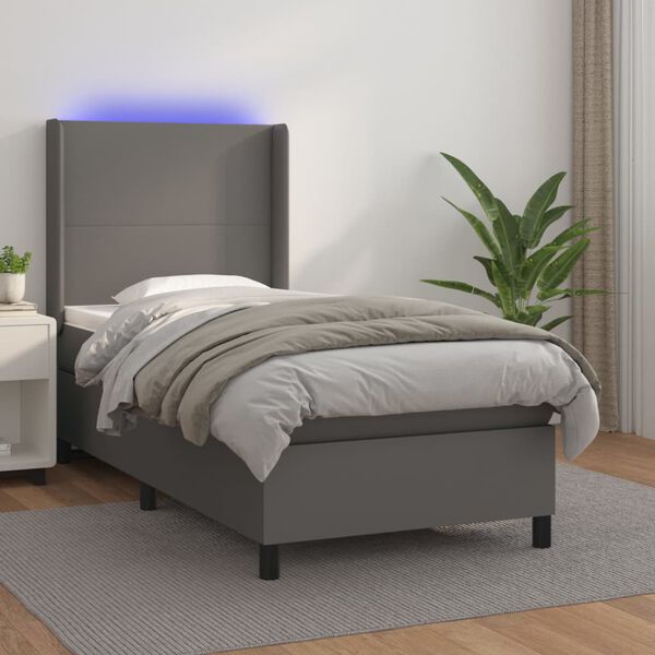vidaXL Boxspringbett mit Matratze & LED Grau 90x190 cm Kunstleder