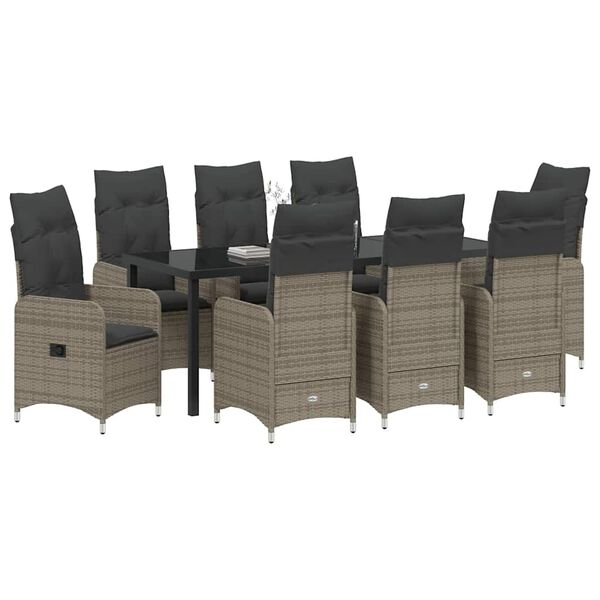 vidaXL Garten Essgruppe mit Kissen 9 pcs Grau Poly Rattan