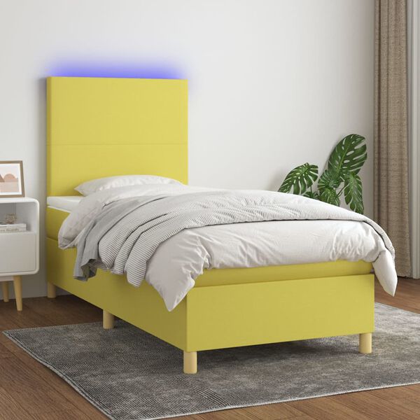 vidaXL Boxspringbett mit Matratze & LED Gr&uuml;n 100x200 cm Stoff