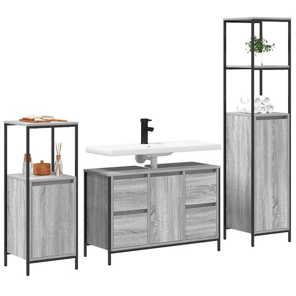 vidaXL Badezimmerm&ouml;bel Set mit Regal 3 pcs Grau Sonoma und Schwarz