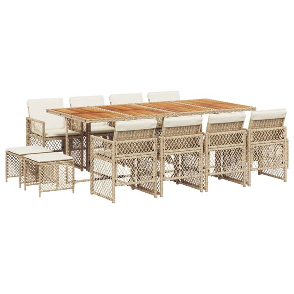 vidaXL 13-tlg. Garten-Essgruppe mit Kissen Beige Poly Rattan