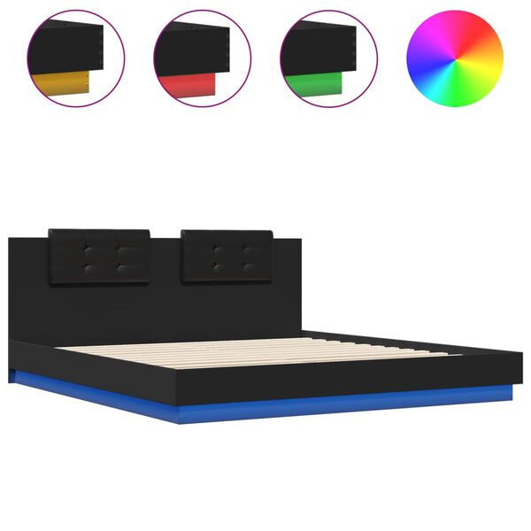 vidaXL Bettgestell mit Kopfteil und LED-Leuchten Schwarz 180x200 cm