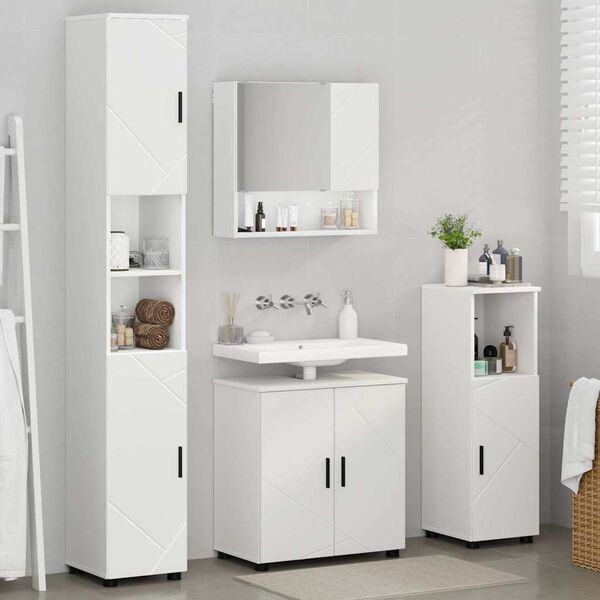vidaXL Badezimmerm&ouml;bel-Set mit T&uuml;r 4 pcs Wei&szlig; Holzwerkstoff & Metall