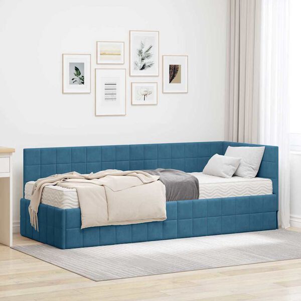 vidaXL Eckbettgestell mit Matratze mit Kopfteil 2 pcs Blau Samt