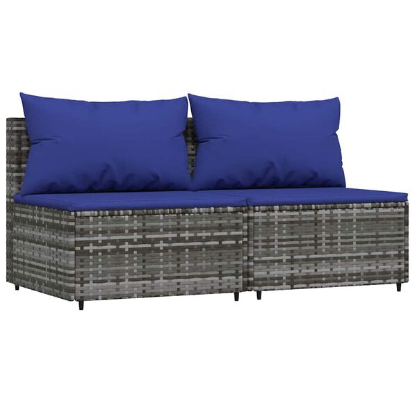 vidaXL Garten-Mittelsofas mit Kissen 2 Stk. Grau Poly Rattan
