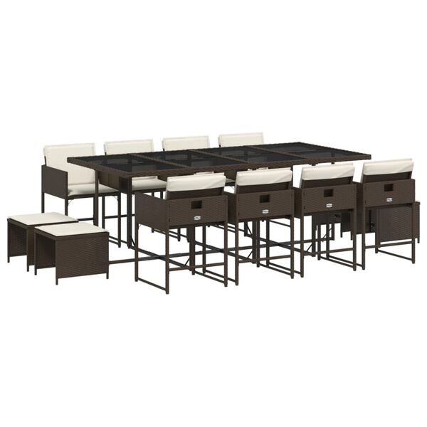 vidaXL 13-tlg. Garten-Essgruppe mit Kissen Braun Poly Rattan