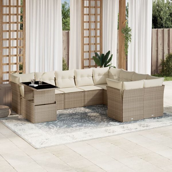 vidaXL 10-tlg. Garten-Sofagarnitur mit Kissen Beige Poly Rattan