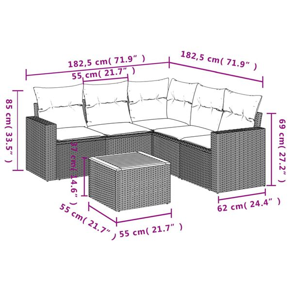 vidaXL 6-tlg. Garten-Sofagarnitur mit Kissen Beige Poly Rattan