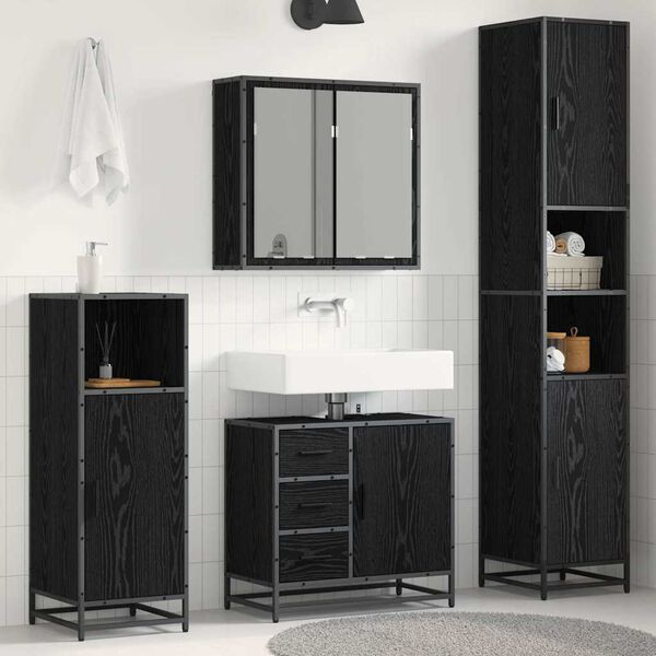 vidaXL Badezimmerm&ouml;bel-Set 4 pcs Schwarz Eichen-Optik Holzwerkstoff