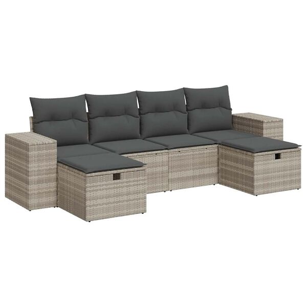 vidaXL 6-tlg. Garten-Sofagarnitur mit Kissen Hellgrau Poly Rattan