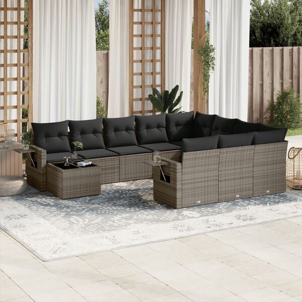 vidaXL 11-tlg. Garten-Sofagarnitur mit Kissen Grau Poly Rattan