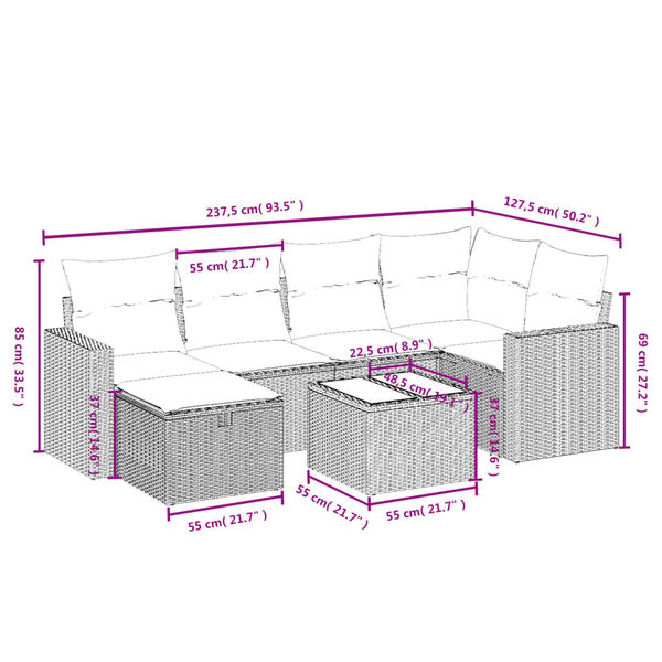 vidaXL 7-tlg. Garten-Sofagarnitur mit Kissen Beige Poly Rattan