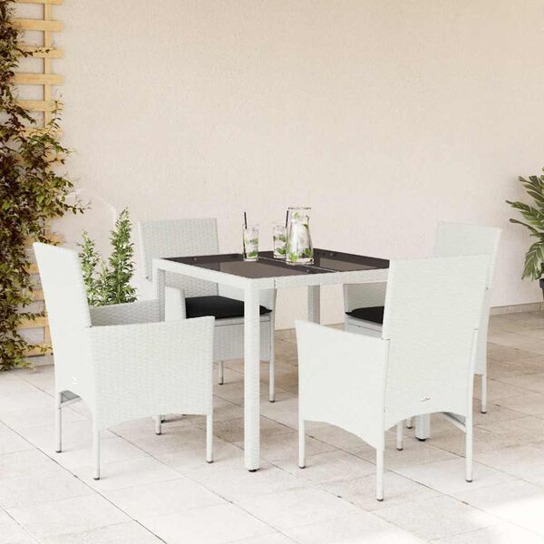 vidaXL 5-tlg. Garten-Essgruppe mit Kissen Wei&szlig; Poly Rattan und Glas