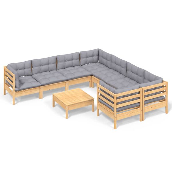 vidaXL 9-tlg. Garten-Lounge-Set mit Grauen Kissen Kiefernholz