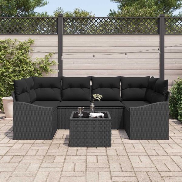 vidaXL Sofa Set mit Kissen mit Speicher 7 pcs Schwarz Poly-Rattan