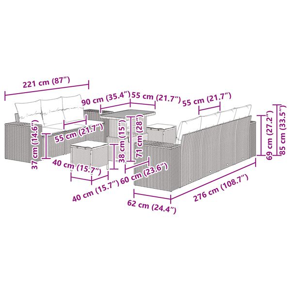 vidaXL Gartensofa-set mit Kissen mit Kissen 10 pcs Schwarz Poly Rattan